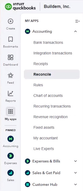 Accounting > Reconcile” /></p>
<h3>2) Select the account to reconcile</h3>
<ol>
<li>Select the bank or credit card account you want to reconcile.</li>
</ol>
<p><img decoding=